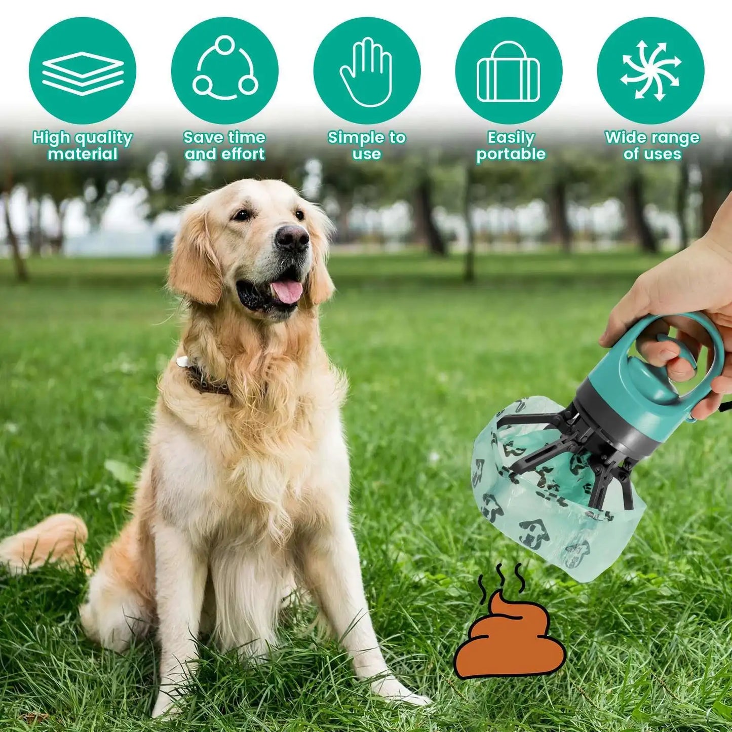 Easy-to-use handheld dog poop scooper.