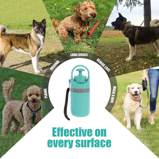 Handheld dog poop scooper and bag dispenser.
